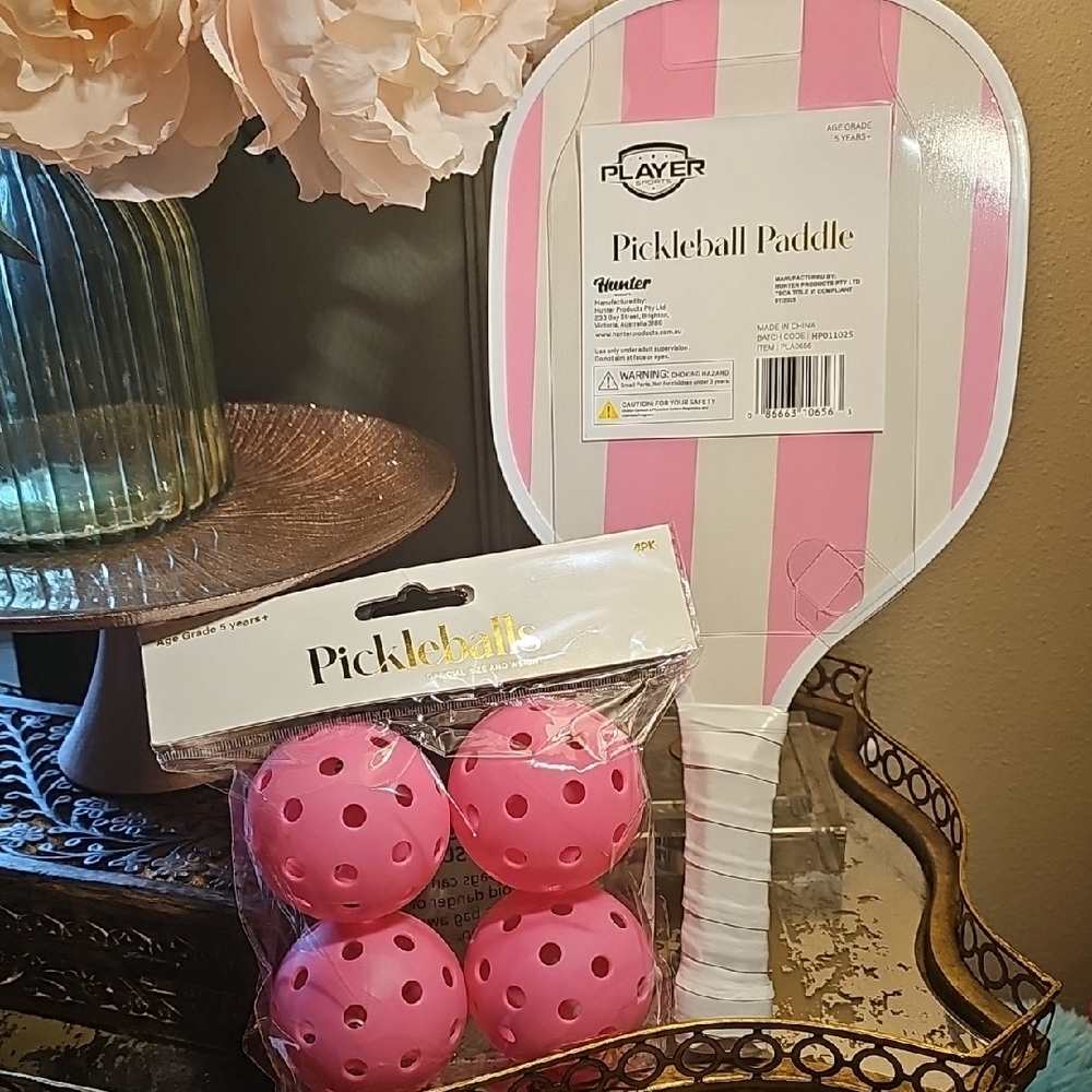 Pink & White Stripe Pickleball Paddle and Ball Set